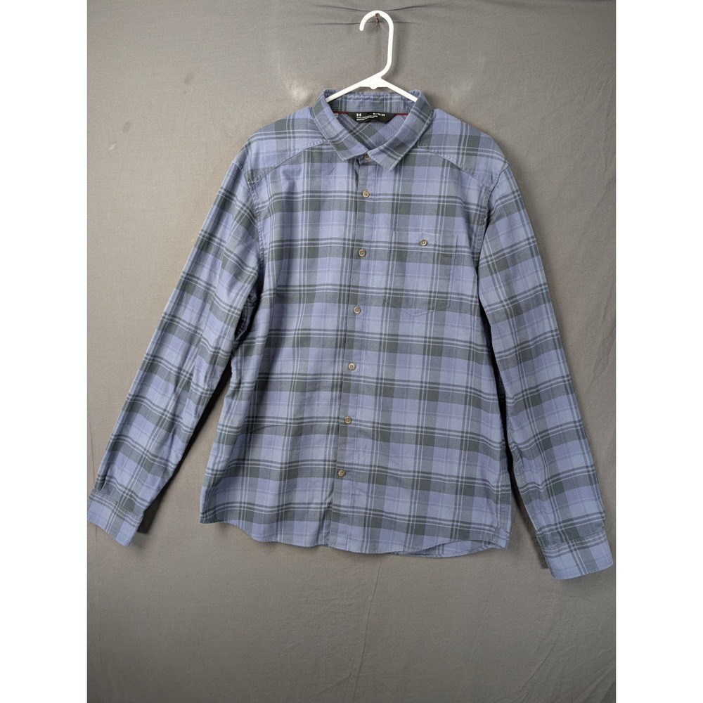 Under Armour Mens XL Blue Gray Plaid Flannel Button Down Shirt Long Sleeve